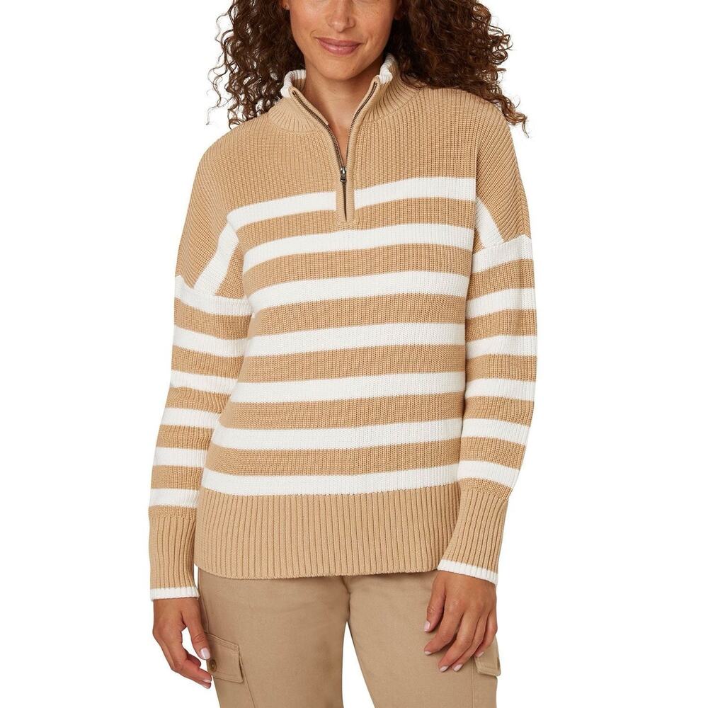 Lands' End Women's Rib-Knit Trim Quarter Zip Warm Sweater Cotton Soft Sand Large